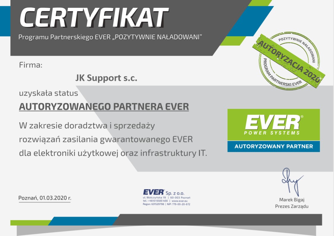 JK Support - autoryzowany partner EVER, certyfikat