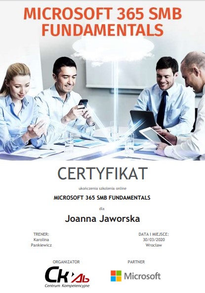JK Support, Joanna Jaworska - ukończenie Microsoft 365 SMB Fundametals - autoryzowany partner DELL